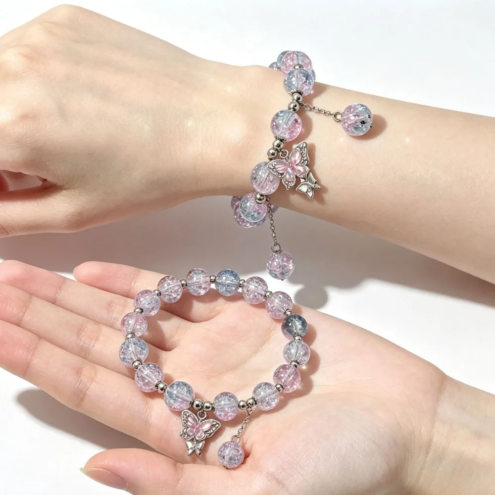 Ins Style Floral Butterfly Glass Bead Bracelet, Unique Gift for Friends Female Classmates