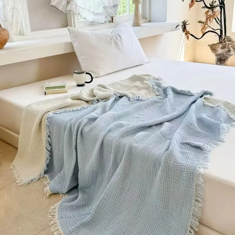 Pure Cotton Gauze Blanket With Tassels Sofa Throw Solid Color Bedding Class A Towel Quilt Home Office Knee Blankets