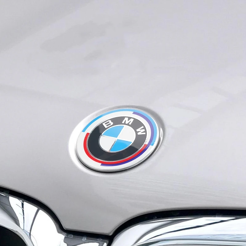 BMW 50 주년 기념 로고 전면 후드 엠블럼, 81mm, 후면 배지 74mm, 휠 허브 캡 68mm, 56mm 스티어링 휠 스티커 46mm