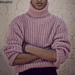 2024 Men's Warm Thickened Knitted Sweaters Pullovers High Neck Fashion Solid Autumn Winter Sweater Male Vintage Mens Clothing