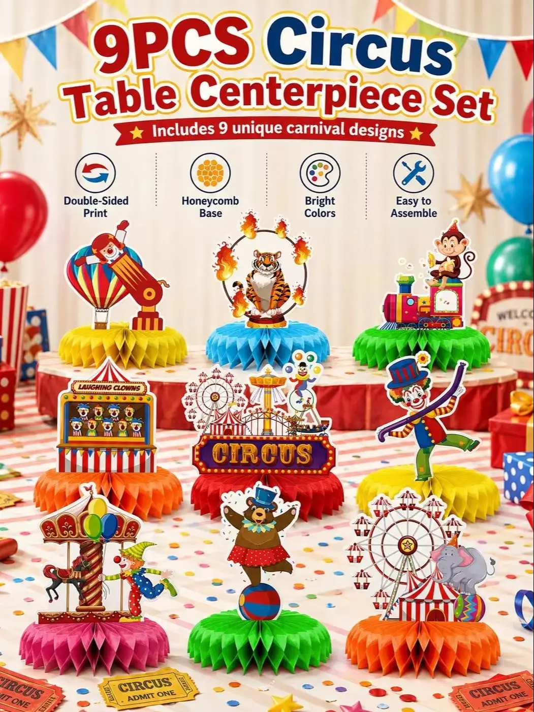 9-teiliges Zirkus-Themen 3D-Waben-Tischdekoration-Set für Karnevalspartys und Themenpartys – Detail 1