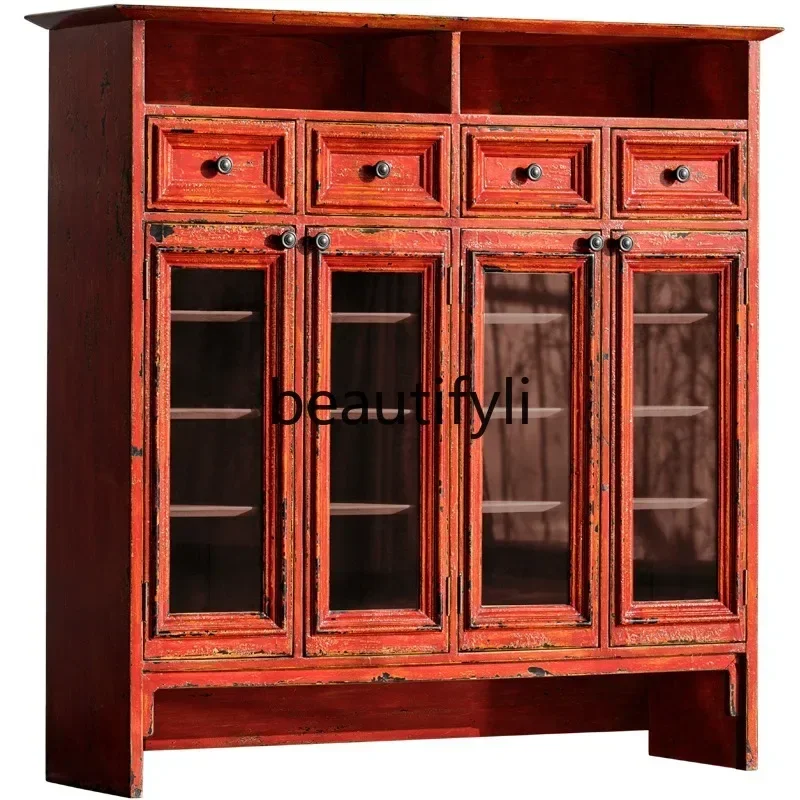 

American rural pastoral antique and old solid wood dining side cabinet, lacquer art decorative art cabinet