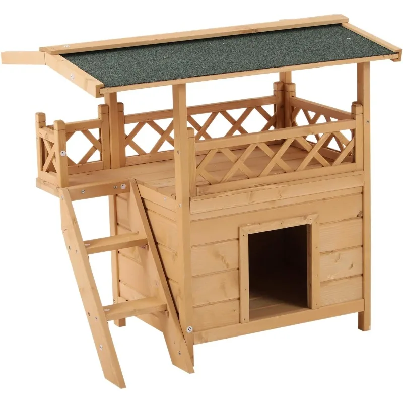 

2-Story Indoor/Outdoor Wood Cat House Shelter with Roof