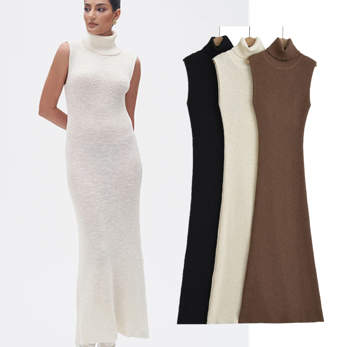 

Withered Minimalist Women's Turtleneck Sleeveless Knitted Dress Fashion Elegant Slim Fit Tank Dress Women Party Dress