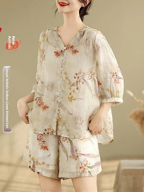 

Korean Style Large Size Fashionable V-Neck Floral Linen Top Shorts Two-Piece Set Women Summer Thin High Waist Short Pants