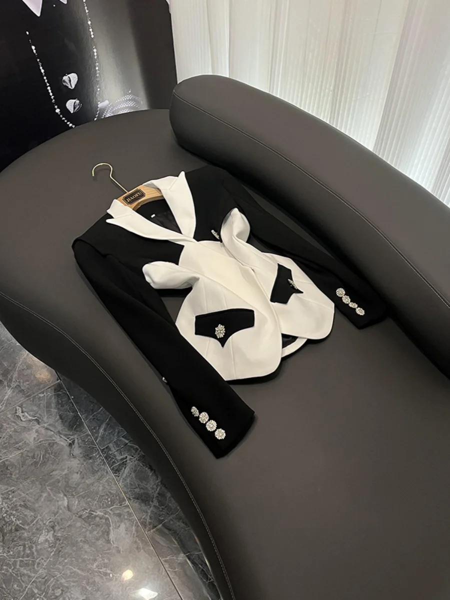 

Облегающий костюм с бриллиантовыми пуговицами Jaet Color Blo Contrast Celebri Faion Bla White Patchwork Commute Sle Long Sve