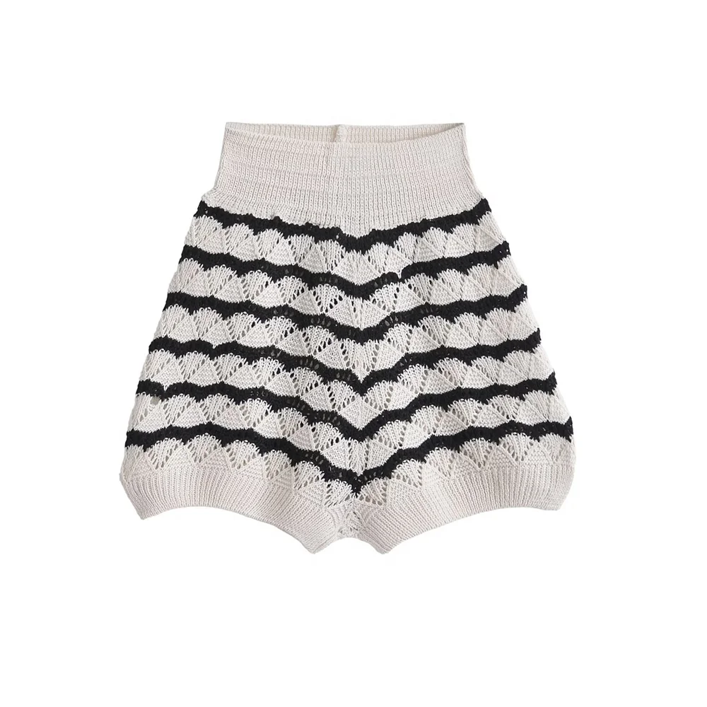 Zach Ailsa 2024 Summer New Product Women\'s Short Sleeve Pullover Short Striped Knitted Top High Waist Shorts Fashion Set