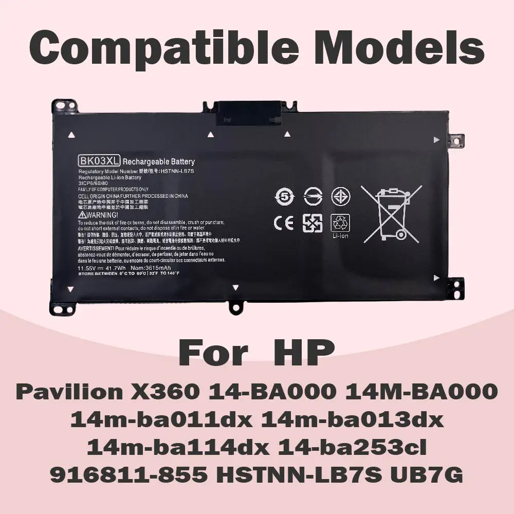 BK03XL Battery For HP Pavilion X360 Convertible 14-ba000 14m-ba0xx 14m-ba013dx 14m-ba011dx 14m-ba1xx 916811-855 916812-855