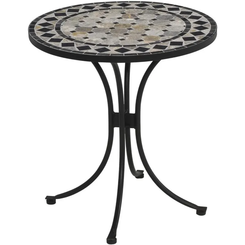 Small Outdoor Bistro Table with Marble Tiles Design Table Top Constructed From Powder Coated Steel, Black,