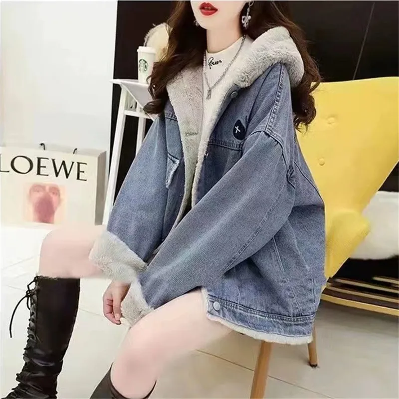 2024 Winter Spring New in Women\'s Denim Jacket Blue with Hat Hoodie Fashion Oversize Embroidered Streetwear Jean Coat Outerwears