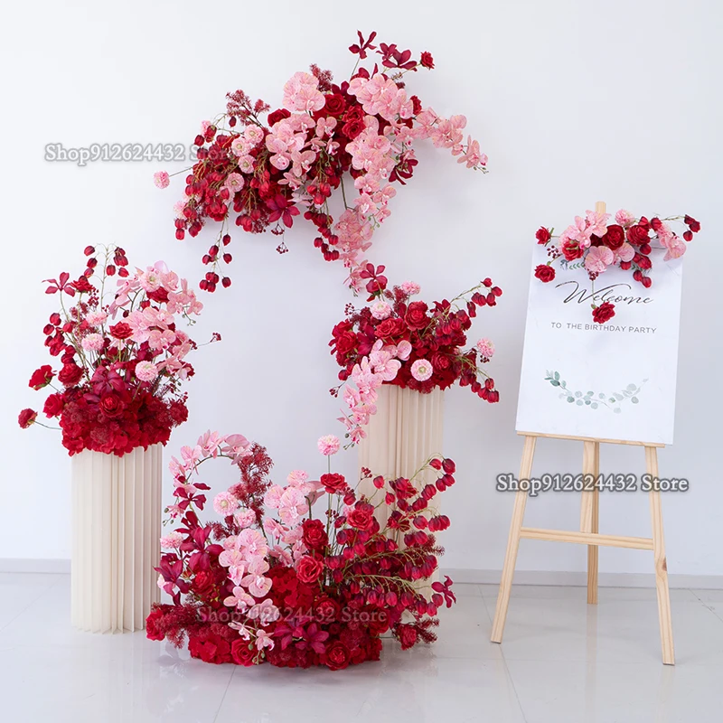 

Pink Red Rose Silk Flower Wedding Flowers,Hang Floral Arch Arrangements, Road Lead Floor Row, Props,Events Backdrop Decor Party