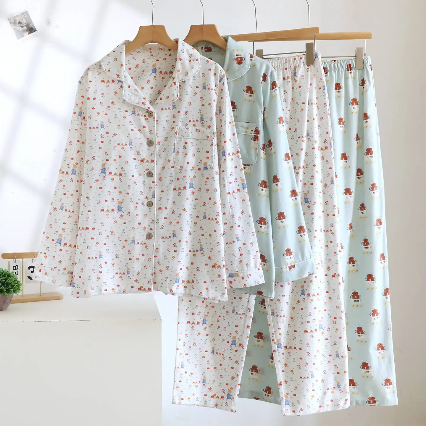 

Cotton Pajamas Clothes for Women Spring and Autumn Long Sleeve Long Pants 2 Pcs Homewear Thin Plus Size Pijama Set