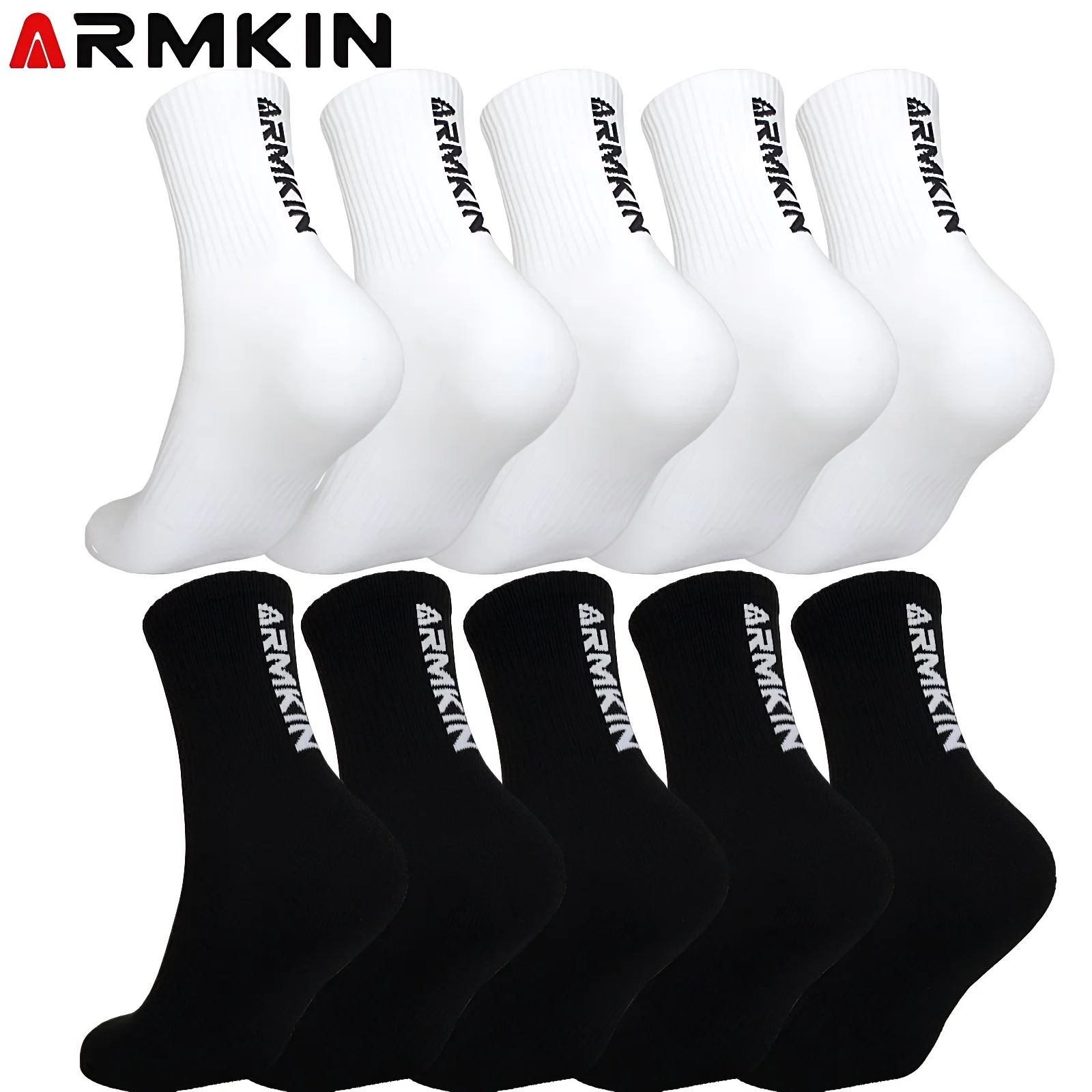 5 Pairs ARMKIN High Quality Men Socks White/Black Color Women Sport Socks Cotton Outdoor Sock Mid-calf Running Socks Size 37-44