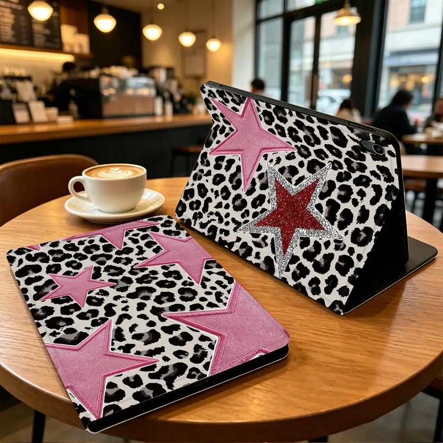 Leopard Print Star Case for Apple iPad 10th 7/8/9th Air 11 13 M4 M3 M2 A16 2026 Pro11 13 With Pencil Holder Air 4/5/6th