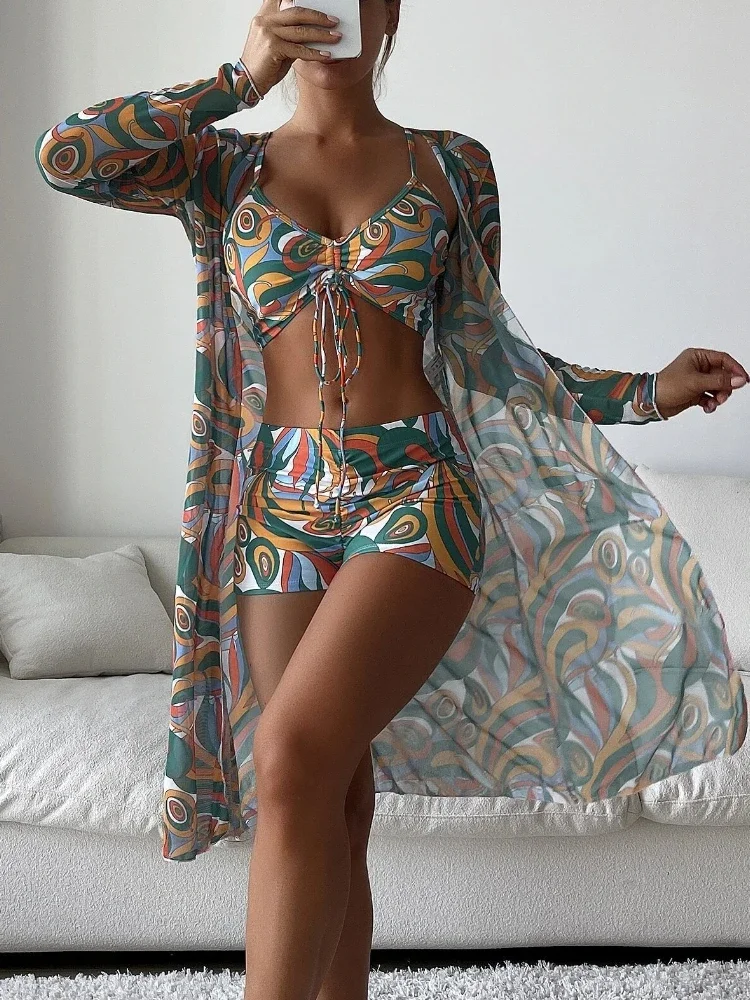 

Women Bathing Suit 3 Piece Swimsuit Kimono High Waist Bikini Shorts Trunks Long Sleeve Beach Cover Up Swimwear Print Bikinis