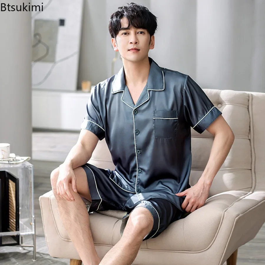 New 2025 Men's Summer Ice Silk Short Sleeved Shorts Two Piece Pajamas Set Thin and High-end Simulation Silk Cardigan Home Wear