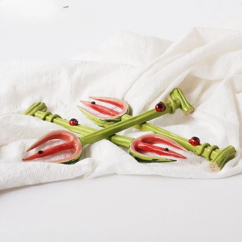 Fork fruit watermelon, noodles are cute and fresh, underglaze color is funny, personal use