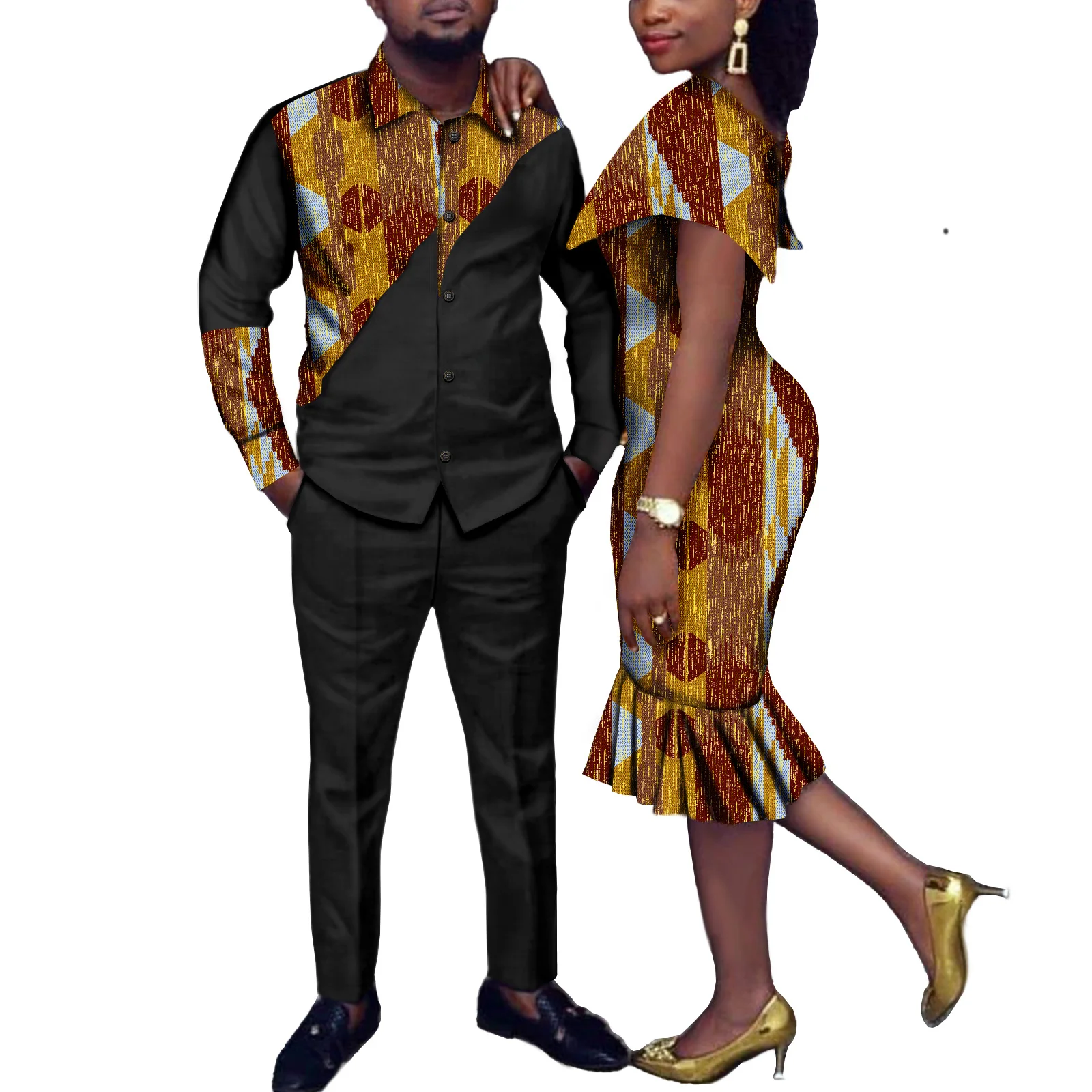 African Couples Women Print Wax Cotton Fashion Patchwork Hot Dress& Men 2 Pieces Shirt and Pants Sets
