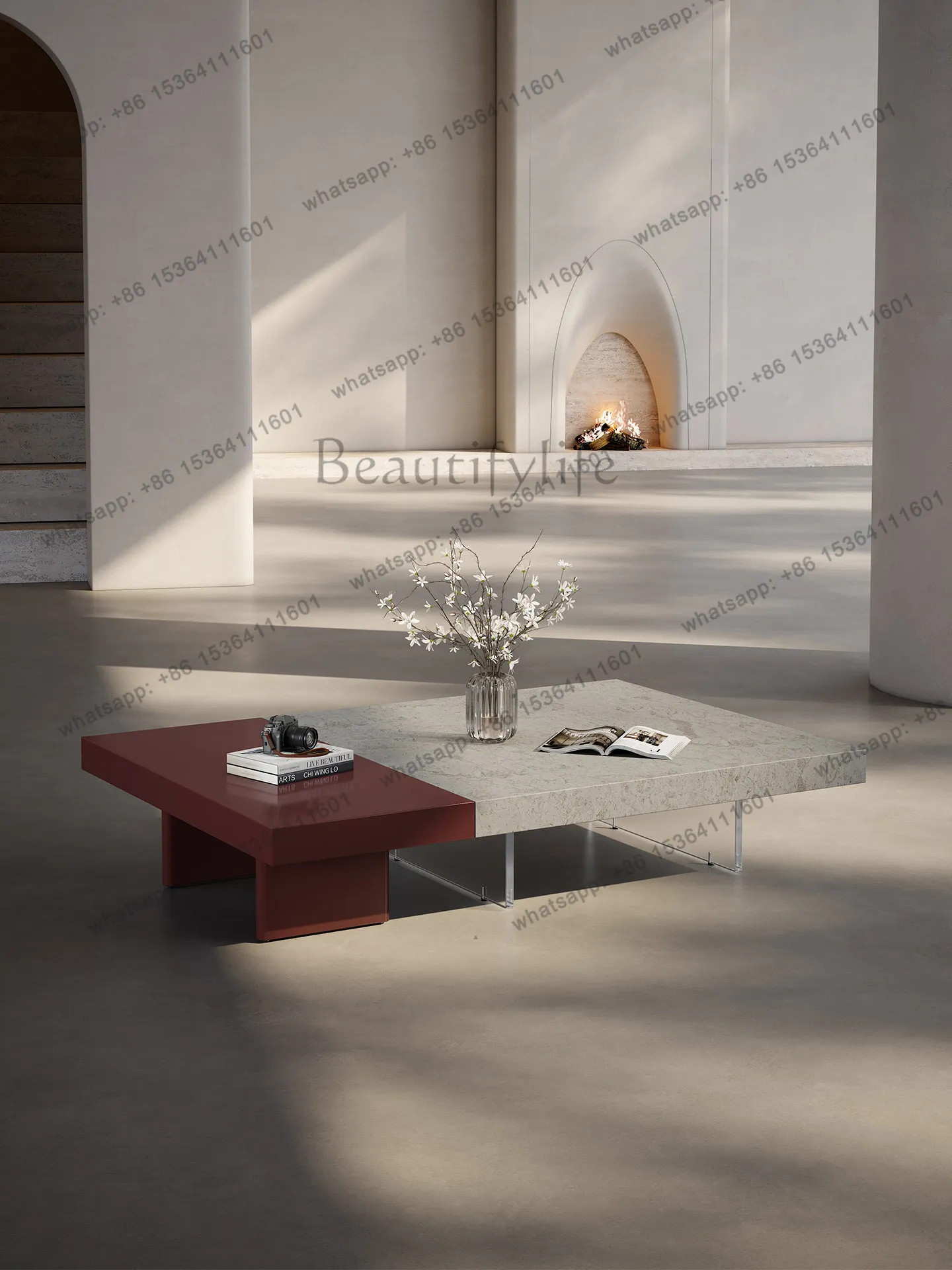 PG Italian minimalist travertine suspended coffee table living room home high-end large flat layer pure natural marble