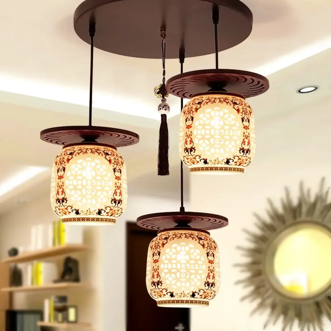 New Chinese Style Antique Ceramic Pendant Light - Three-Head Design for Study & Dining Room