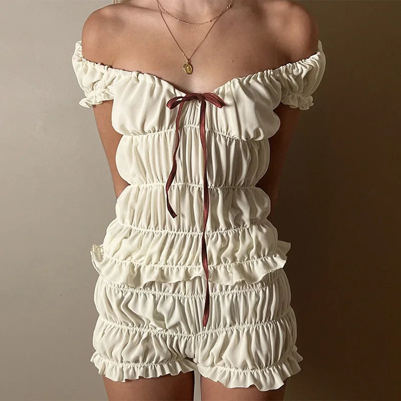 Sexy Solid Pleated Two Pieces Set Summer Fashion Short Sleeve Crop Top Shorts Stretchy 2 Pieces Streetwear Casual Y2K Fungus