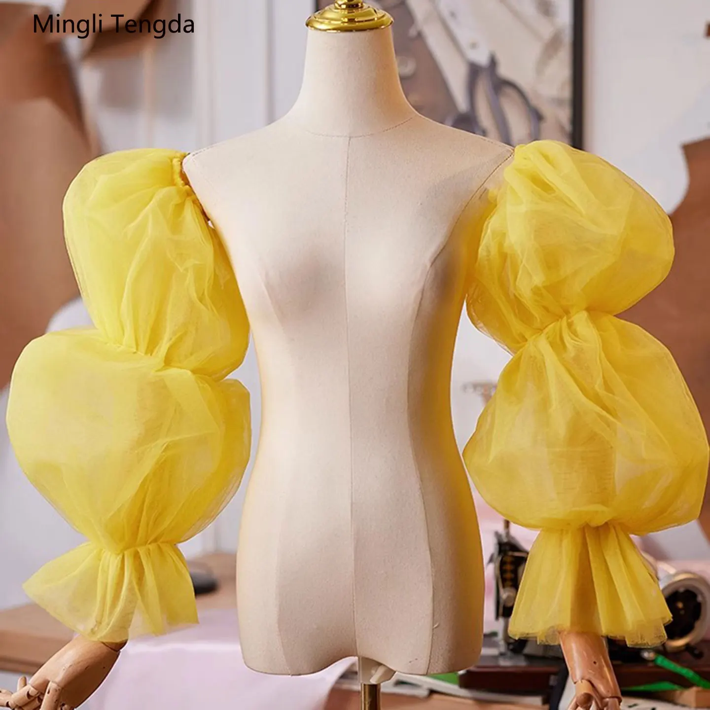 Mingli Tengda قفازات زفاف طويلة للعروس من التول الأصفر بأكمام طويلة ملحقات الزفاف صور الدعائم متعدد الألوان مصنوع حسب الطلب