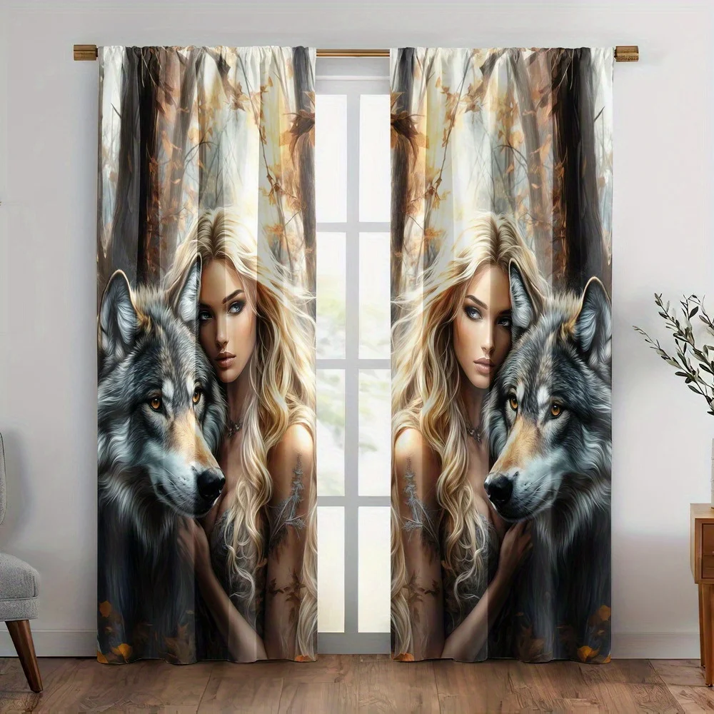 Luxurious Bohemian Wolf Woman Art Curtain Pair Large Print Fantasy Window Drapes for Living Room Decor