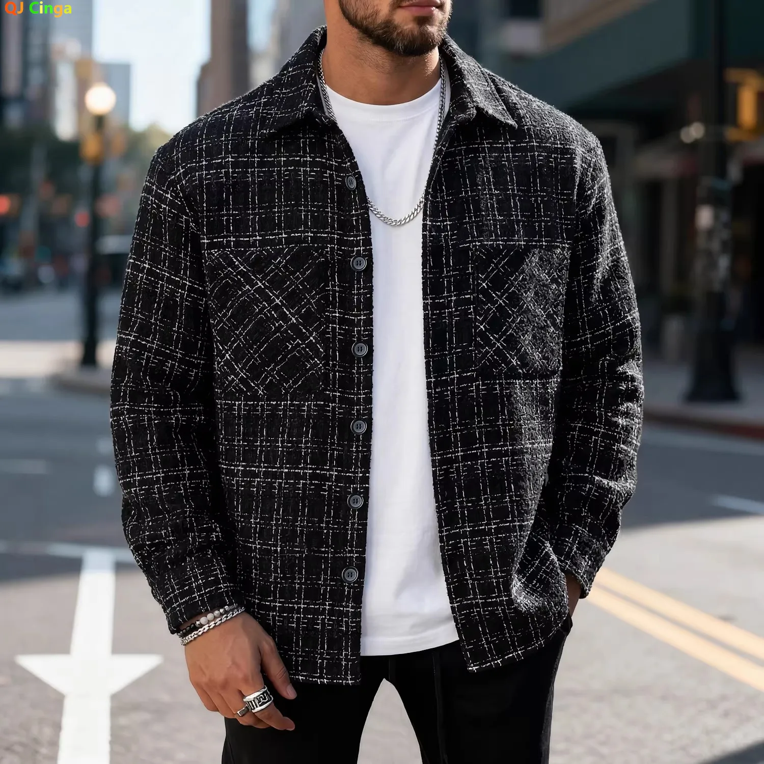Men's Black Striped Long-sleeve Jacket for Spring and Fall; White Checkered Single-breasted Lapel Coat; Unisex Loose-fit Top.