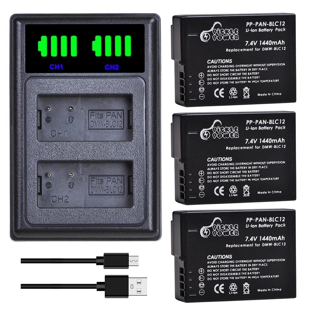 Pickle Power DMW-BLC12 BLC12E 1440mAh Battery LED Dual Charger For Panasonic Lumix DMC-G5,G6,G7,G85,FZ200,FZ300,FZ1000,FZ2500