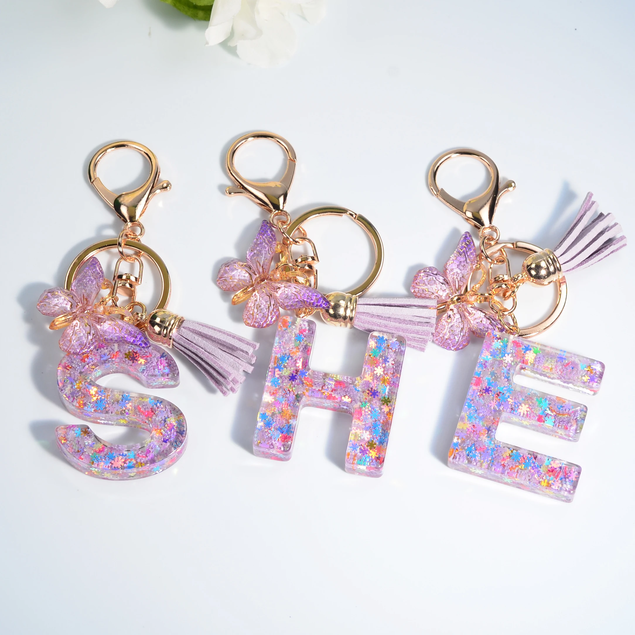 Exquisite A-Z 26 letter resin butterfly keychain, purple snowflake sequin filled letter keyring, car keychain pendant