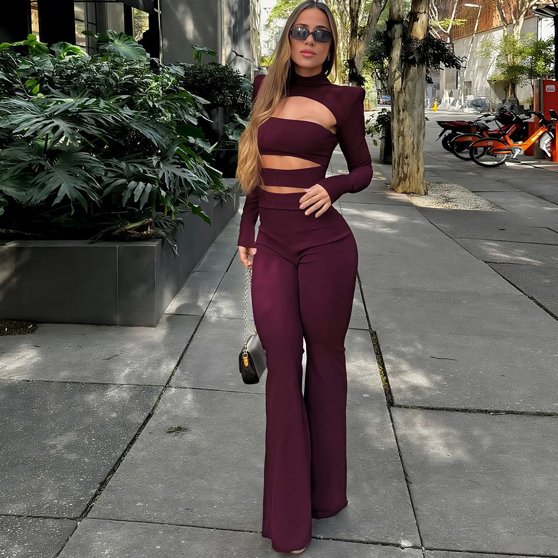 European and American New Solid Color Turtleneck Long-sleeved Top Slim-fitting Micro-pull Jumpsuit Trousers Suit Women