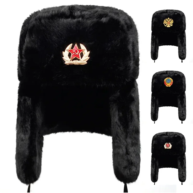 Gorro de aviador ruso, orejeras cálidas para exteriores, gorros de esquí universales para hombre y mujer, gorros gruesos con insignia militar