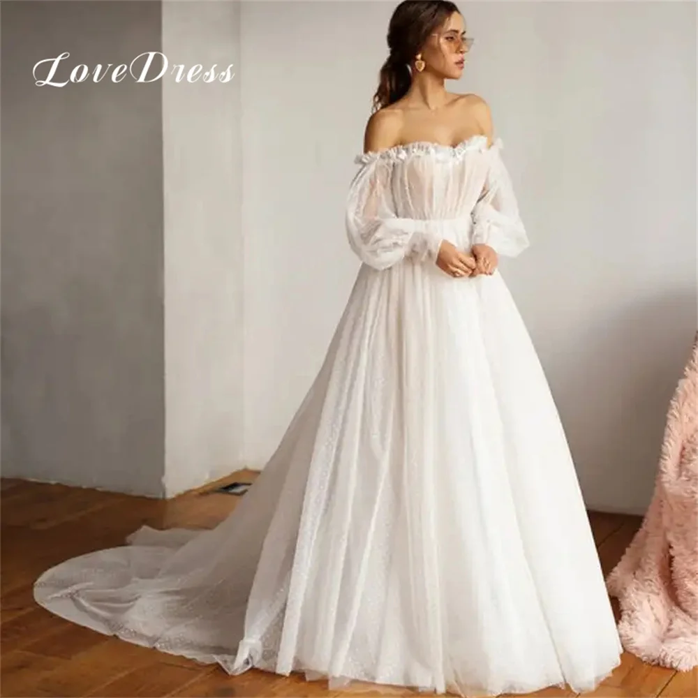 

Love Elegant Wave point Off The Shoulder Sweetheart Tulle Wedding Dresses A-Line Floor Length Puffy Sleeves Backless Bridal Gown