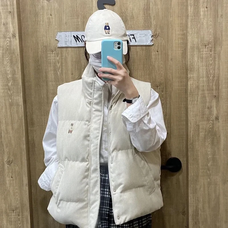 Vintage Corduroy Parkas Vest Women Y2K Korean Loose Fleece Warm Jacket Bf Harajuku Preppy All Match Sleeveless Fluffy Down Coats