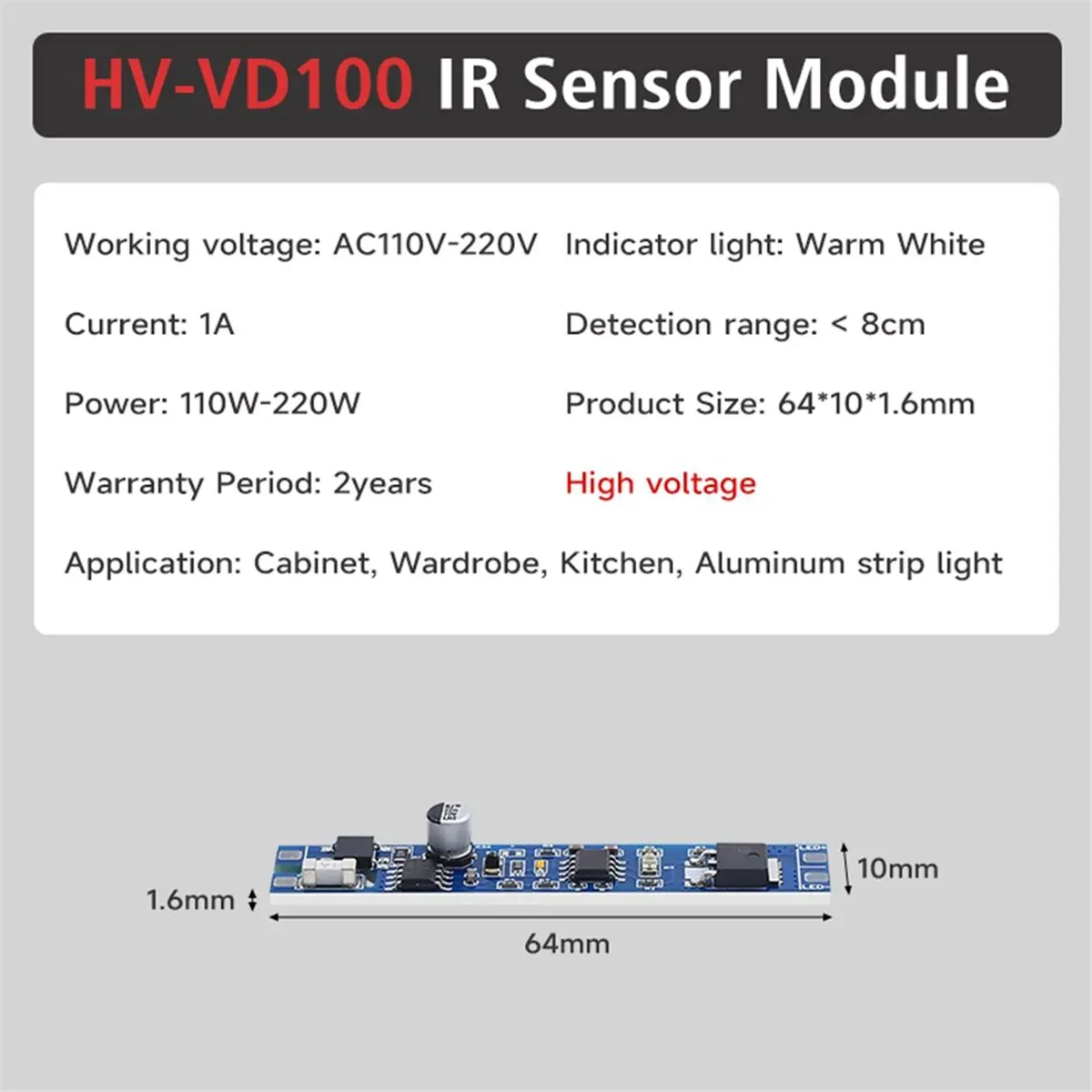 HV-VD100-A3 (Instant Brightness + Dimming) AC110V-220V Infrared Hand Sensor Module 1A LED Dimming Switch for Cabinets