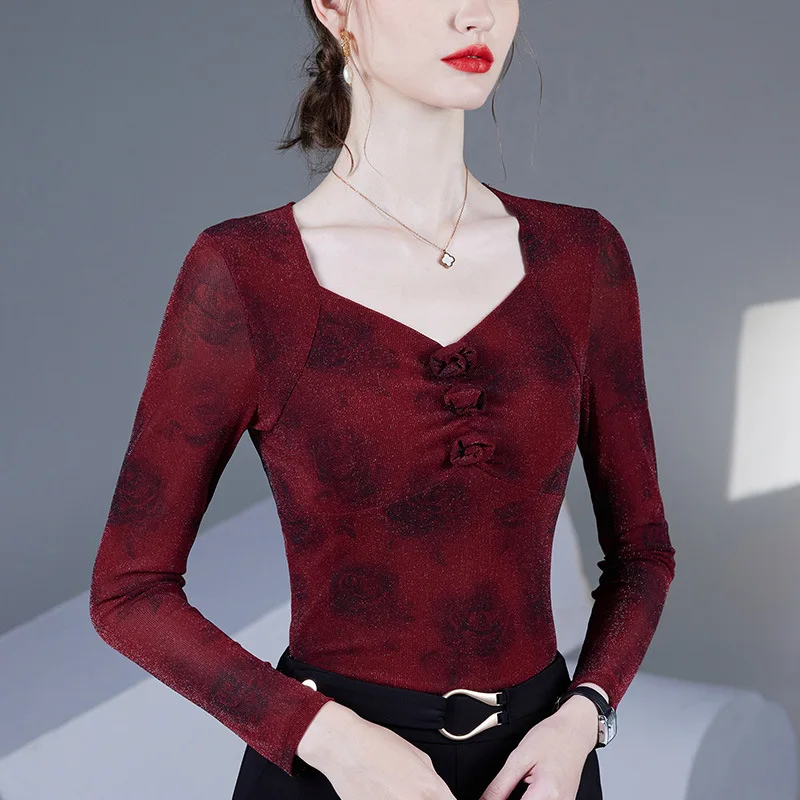 M-4XL Autumn 2025 New Fashion Rose Print Women\'s Tops Elegant Slim High Stretch Square Collar Long Sleeved Mesh T-Shirt
