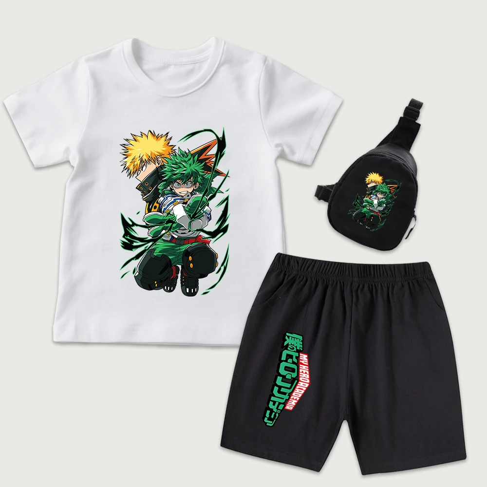 My Hero Academia Midoriya Katsuki Print Kids Cotton T Shirt Shorts Set with Mini Chest Bag 3 Piece Boys Girls Summer
