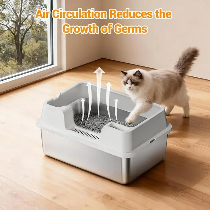 Stainless Steel Cat Litter Box XL,Large Hooded Litter Tray with Flip Top Lid, Enclosed Metal Cat Toilet Anti-Odour for Cats