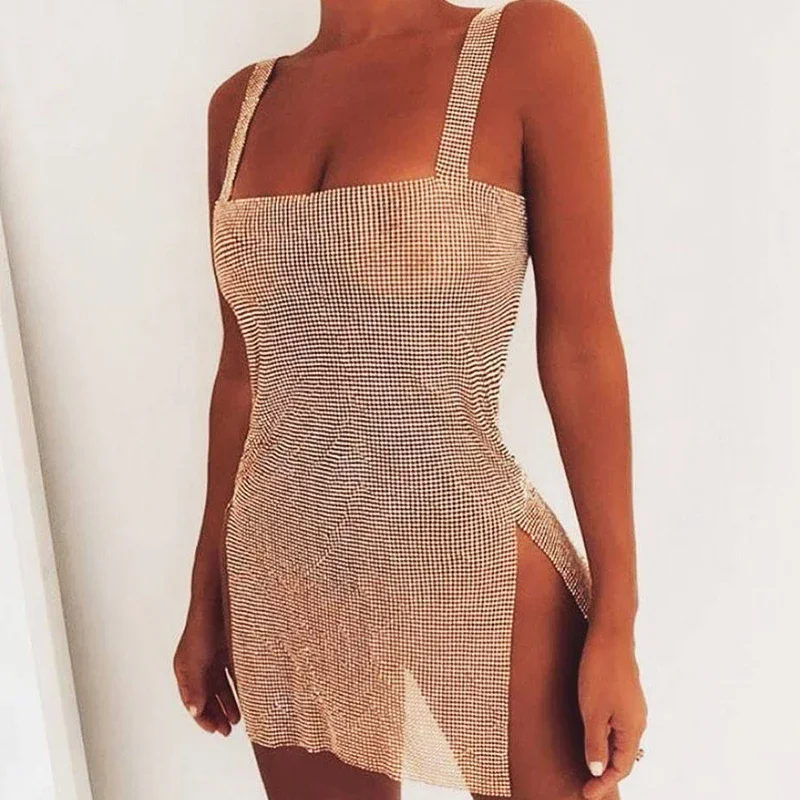 Glitzerndes Strass-Mesh-Minikleid für Damen – Sexy, geschlitztes, ärmelloses, rückenfreies Bodycon-Kleid für Club, Party und Abend – Neu 2026 – Bodycon-Nachtkleid – Detail 3