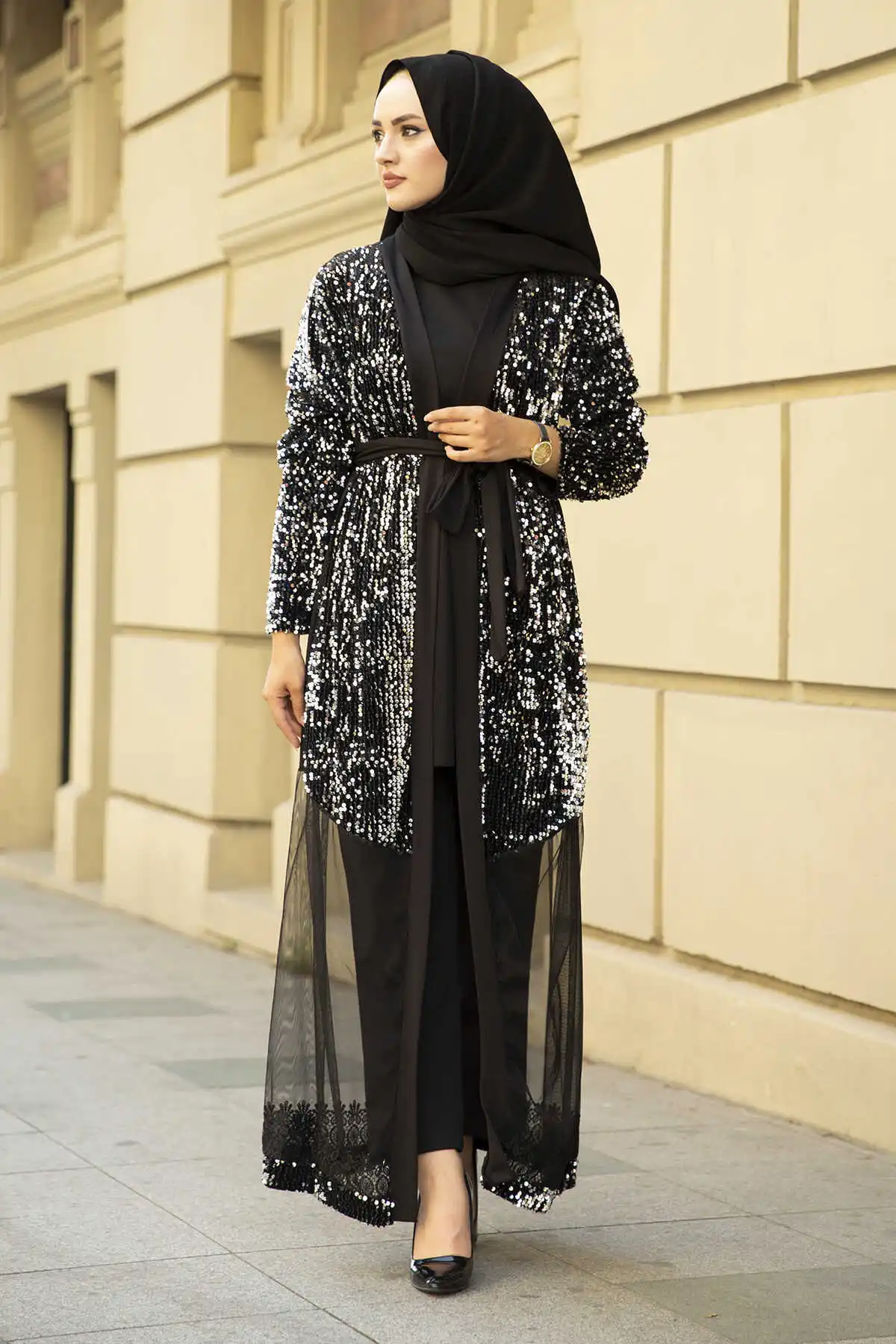 Spangle Sequin and Tulle Detailed Stylish Abaya-