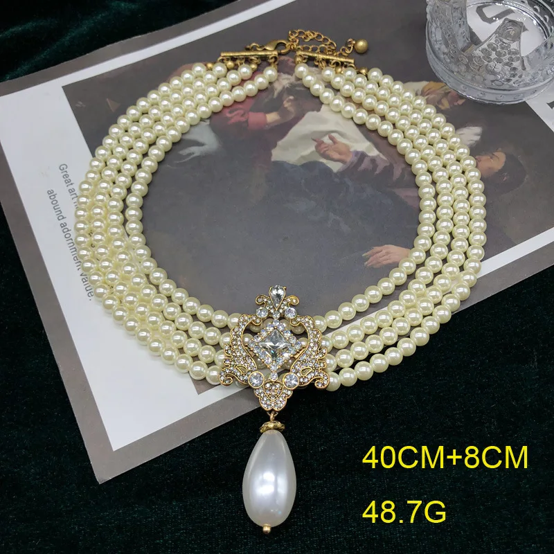 

Vintage Multi-Layer Glass Pearl Necklace Heavy Gemstone Diamond Waterdrop Pearl Sweater Chain Jewelry Birthday Gifts for Women
