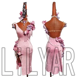 New Latin Dance Competition Performs Adult Girl Pink 3D Flower Pearl Sparkling Diamond Dance Dress