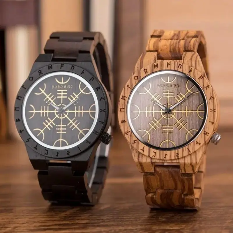 BOBO BIRD Viking Man Watch Wrist Watches For Men Luxury Stylish Watch Wood Strap Wristwatch Male Timepieces Customize Wood Box