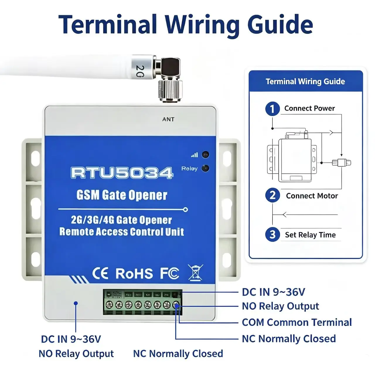 RTU5034 GSM Gate Opener 9-36V DC 4G Wireless Remote Door Access Controller Relay Switch with External Antenna for Garage Gate