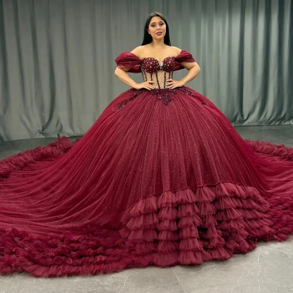 Burgundy Charro Quinceanera Dresses Ball Gown Off The Shoulder Tiered Pearls Mexican Sweet 16 Dresses 15 Anos Customized