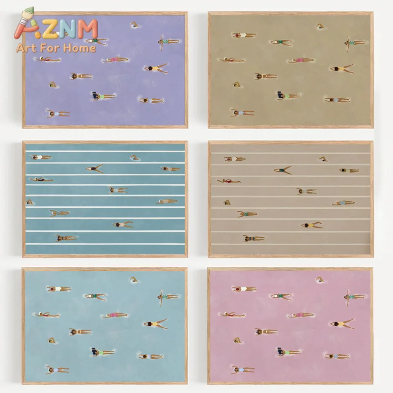 AZNM Summer Beach Swimmers Canvas Wall Art, Minimalist Coastal 2D Flat Frameless Print, Reusable Ocean Swimming Figure Decor for