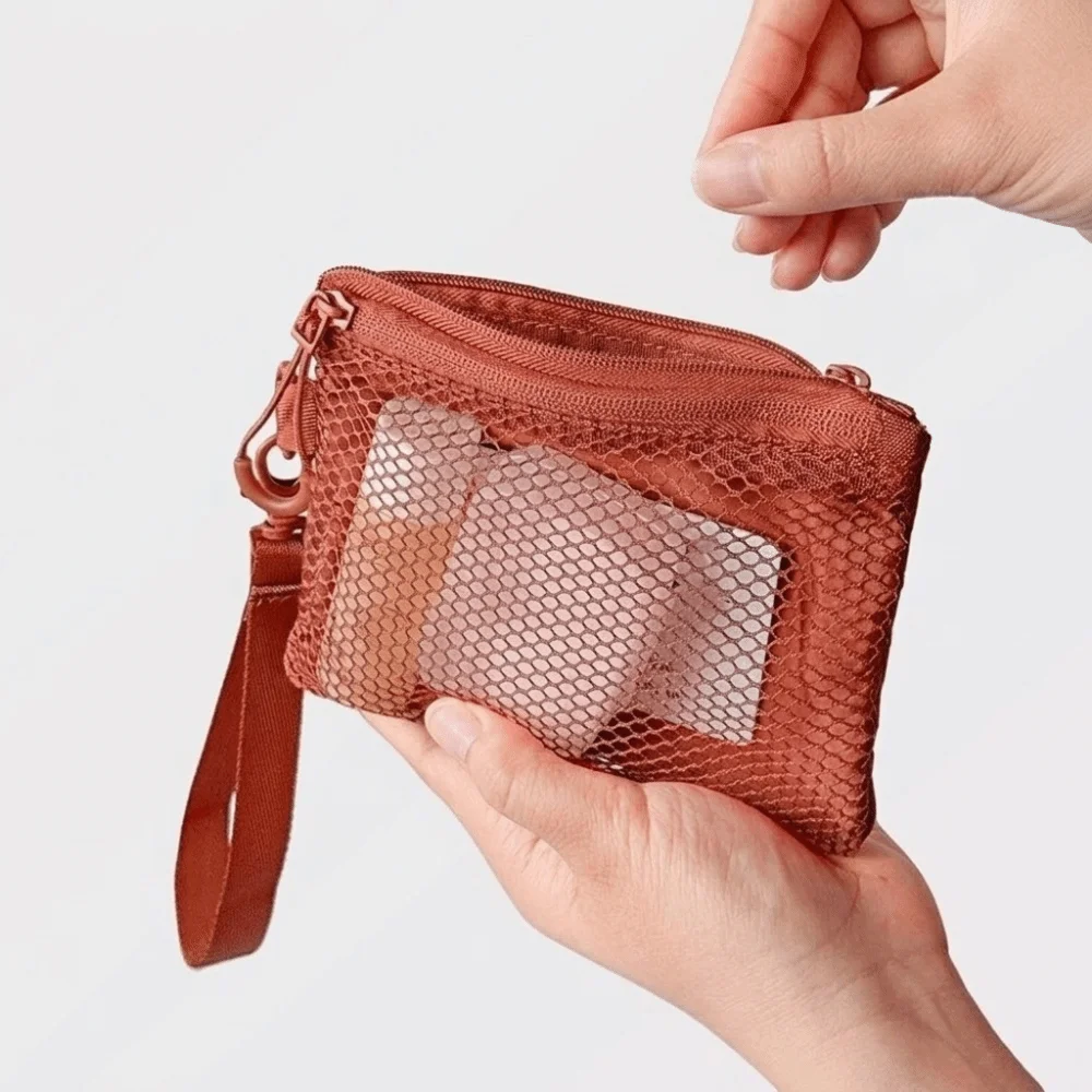 Portable Lightweight Mesh Storage Bag Polyester Solid Color Cosmetic Bag With Zipper Multifunctional Toiletry Bag Makeup Storage