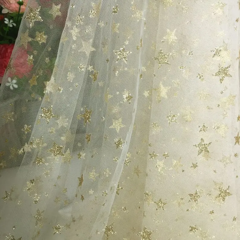Gold silver bronzing star mesh fabric, starry mesh lace fabric tulle lace  girl dress party decoration costume baby princess