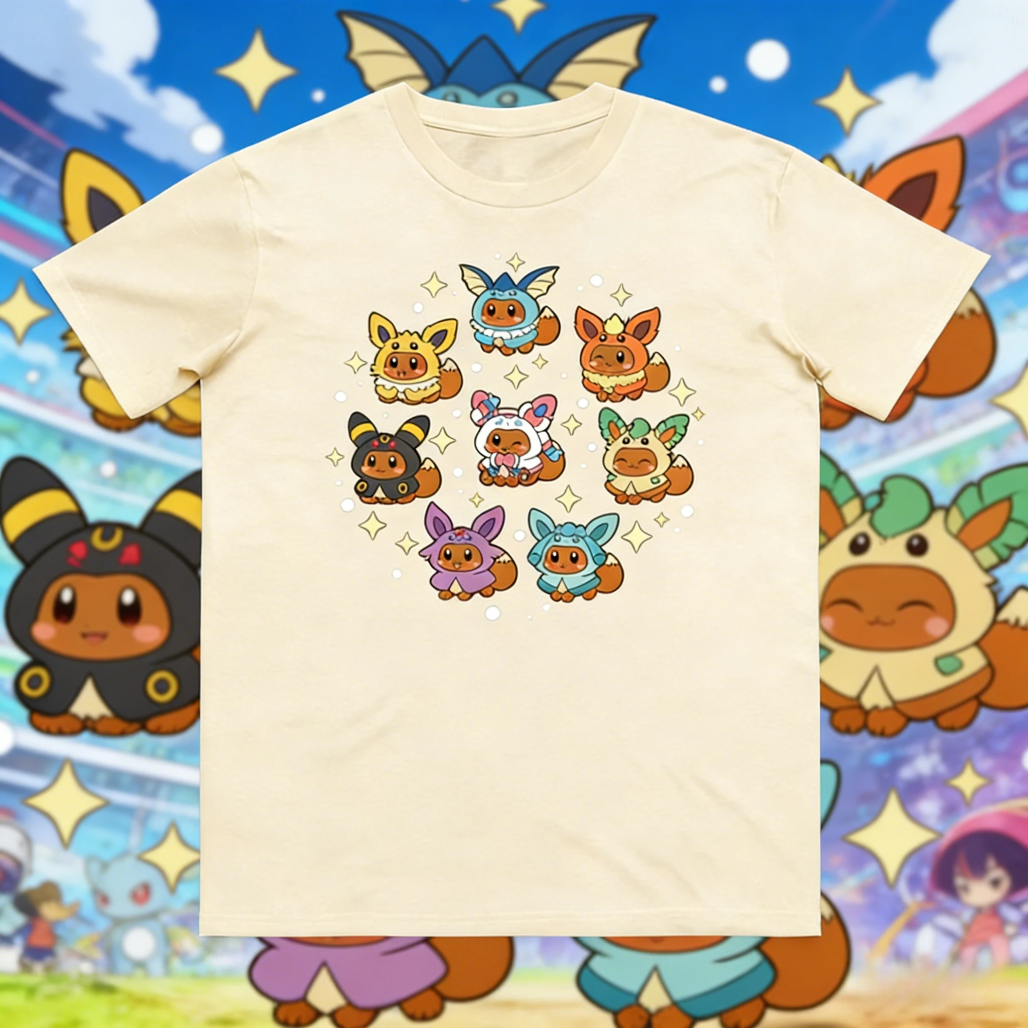 2026 Sommer Pokémon Evoli Evolution Niedliches Cosplay-Print-T-Shirt, 100% Baumwolle Lockeres Partner- & Familien-T-Shirt für Reisen, Spiele & Sport
