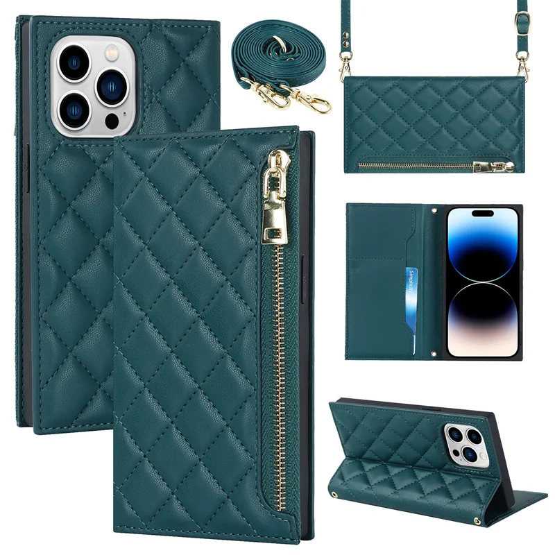 

For iPhone 14 13 12 11 Pro Max mini 7 Plus diamond Leather Wallet Zipper Case Flip Stand Cover With straps